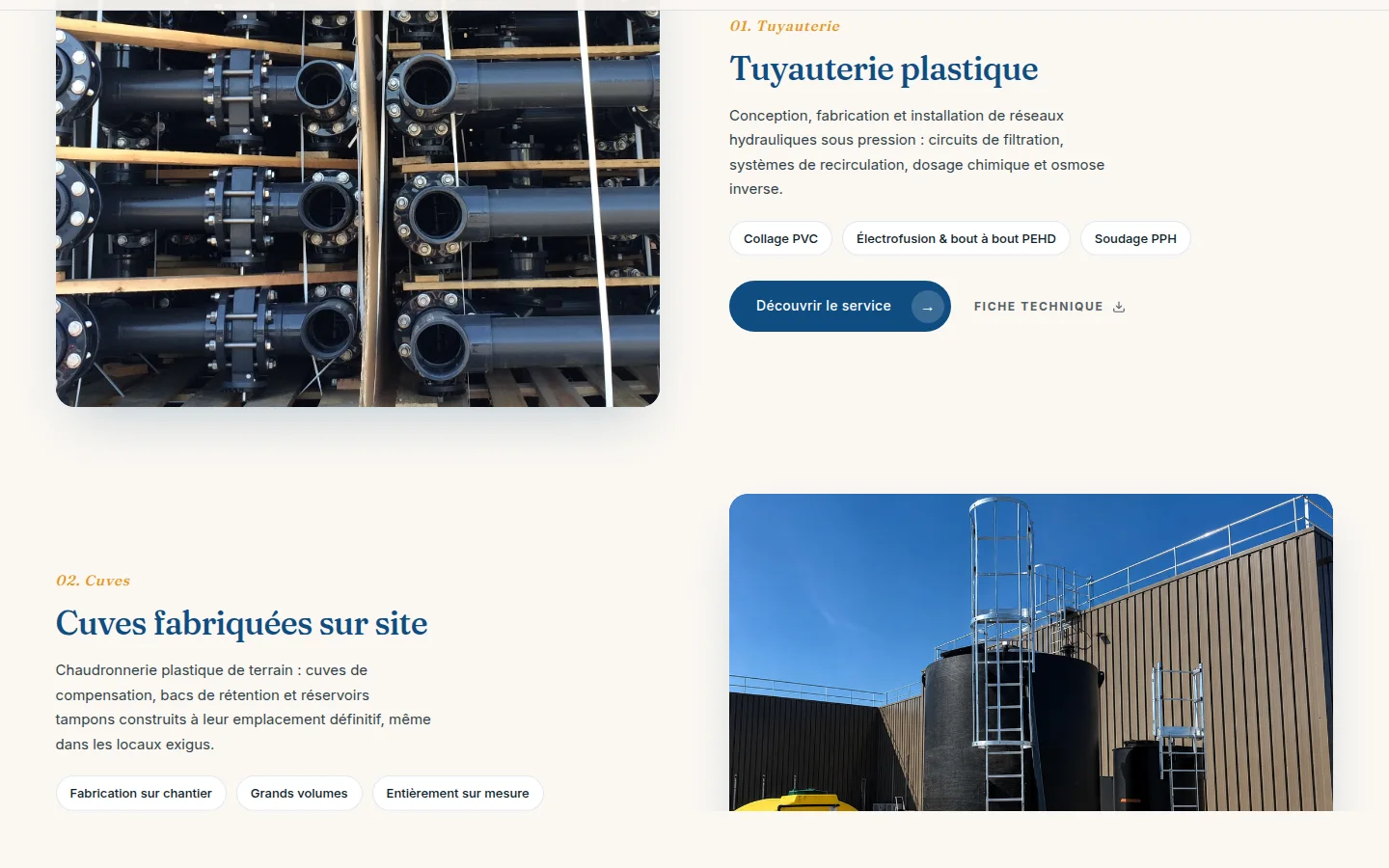 AMTEI Services page: plastic piping, tanks built on site, with site photos
