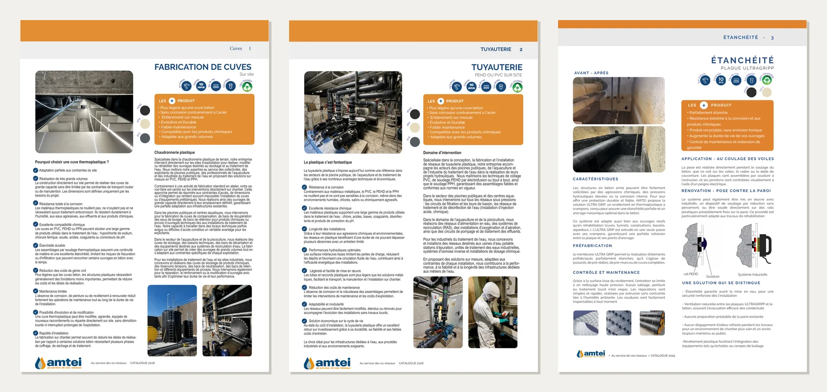 Three printed AMTEI product sheets: tank manufacturing, piping, waterproofing