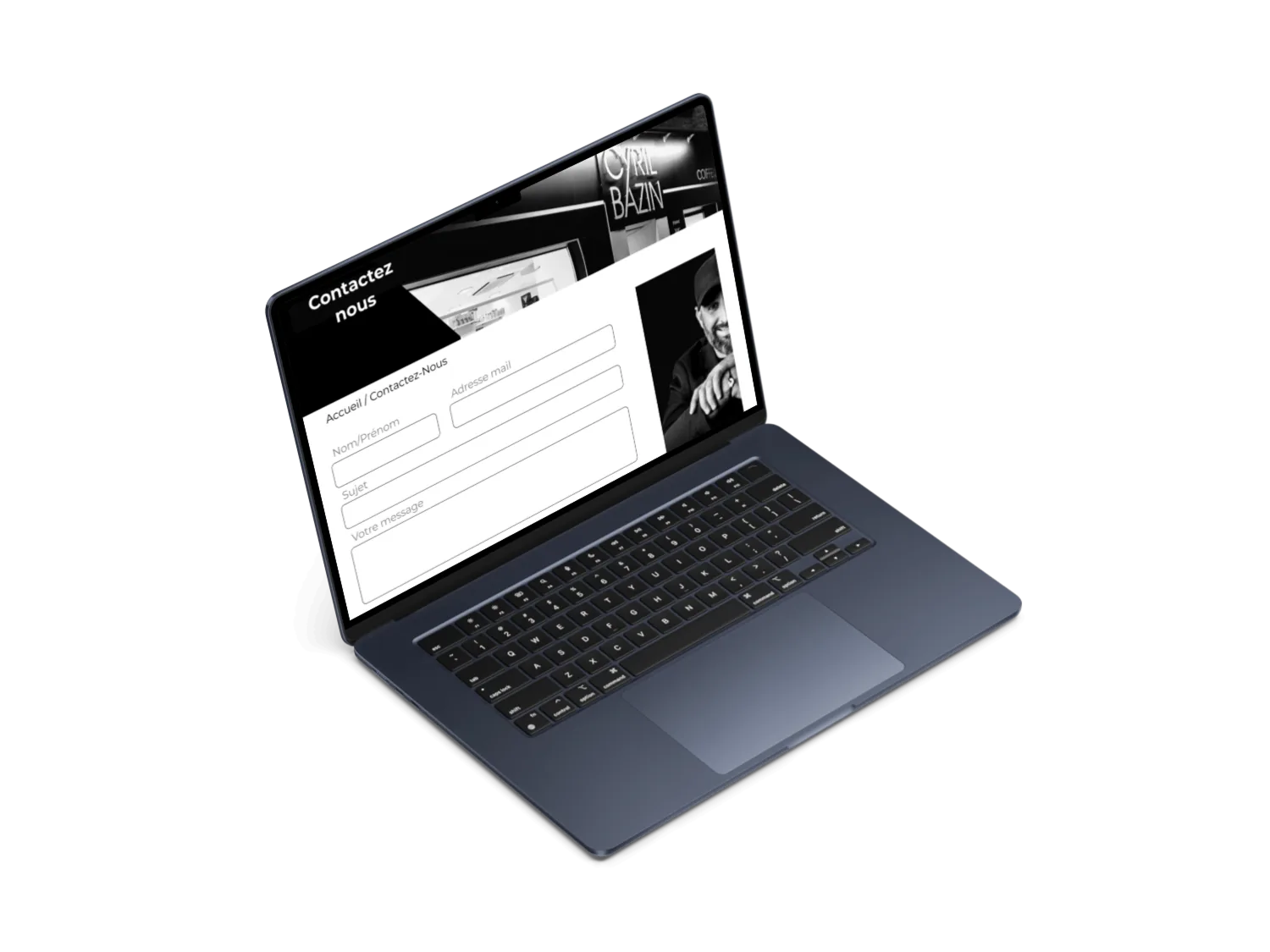 Page « Contactez-nous » du site Cyril Bazin refondu, affichée sur un ordinateur portable