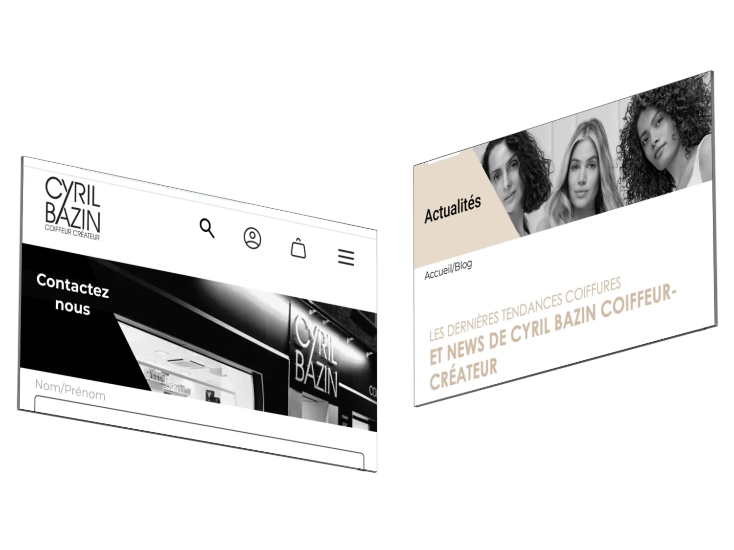 Trois écrans du site refondu : page contact, en-tête avec navigation et page actualités