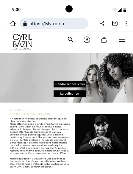 Version mobile de la page d'accueil : bouton « Prendre rendez-vous », section « Coiffeur créateur » et portrait