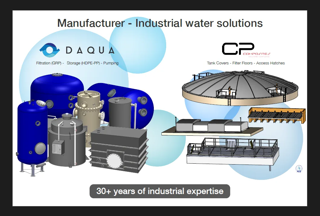 "Manufacturer — Industrial water solutions" visual presenting DAQUA equipment for the Munich trade show