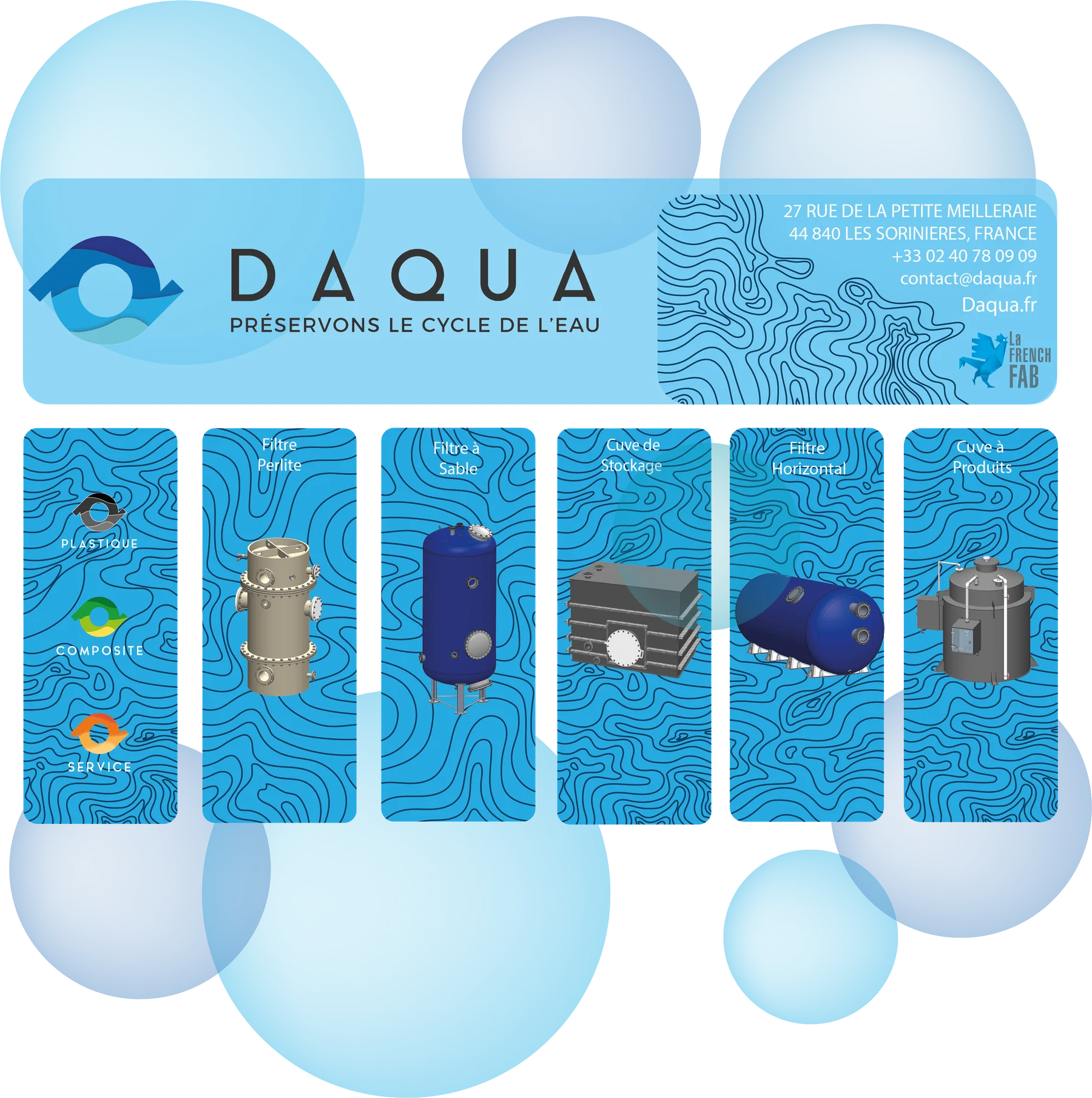 DAQUA poster "Préservons le cycle de l'eau" with equipment illustrations on a blue wave background