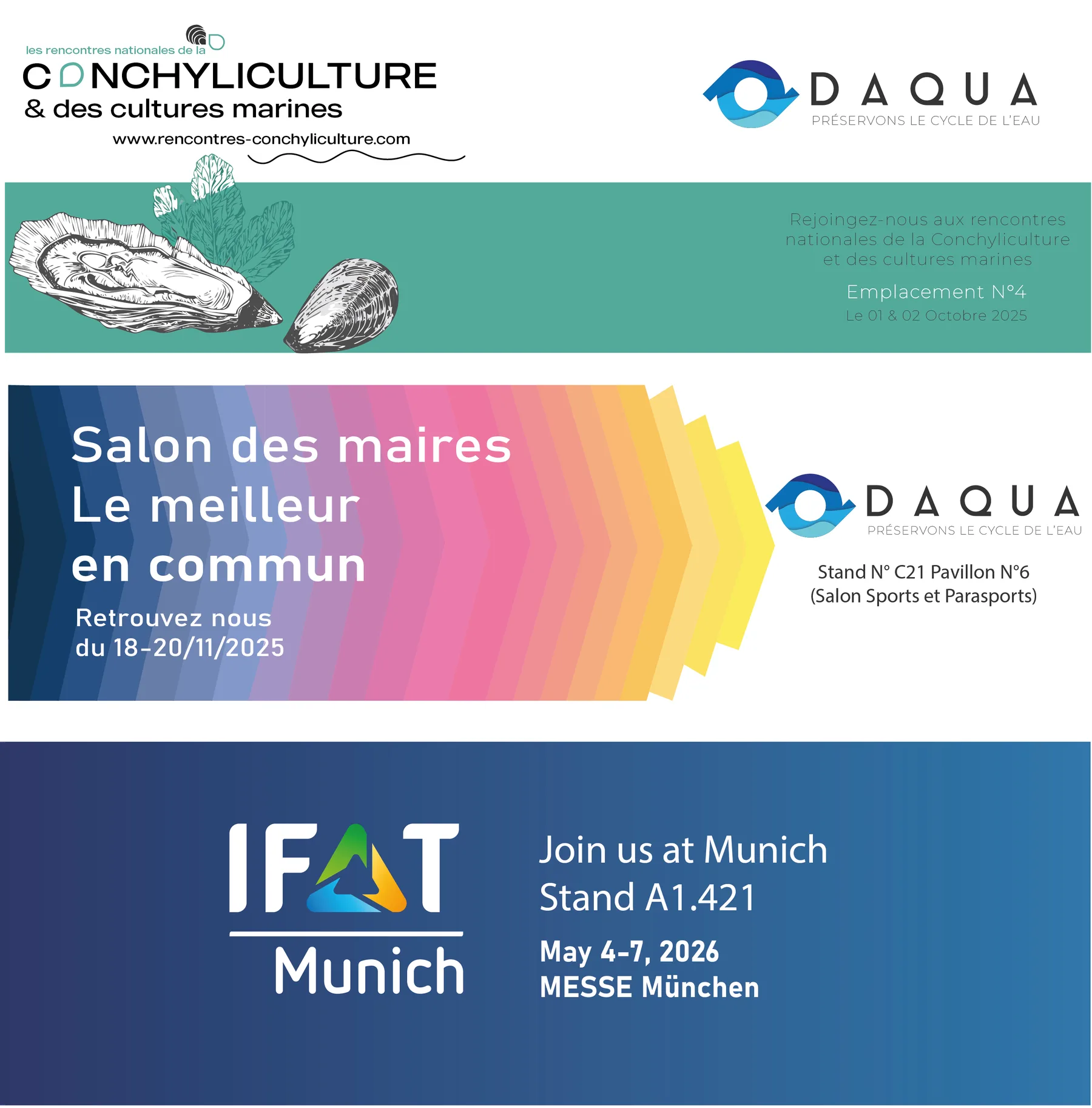 Three DAQUA banners: shellfish farming show, Salon des maires, IFAT Munich