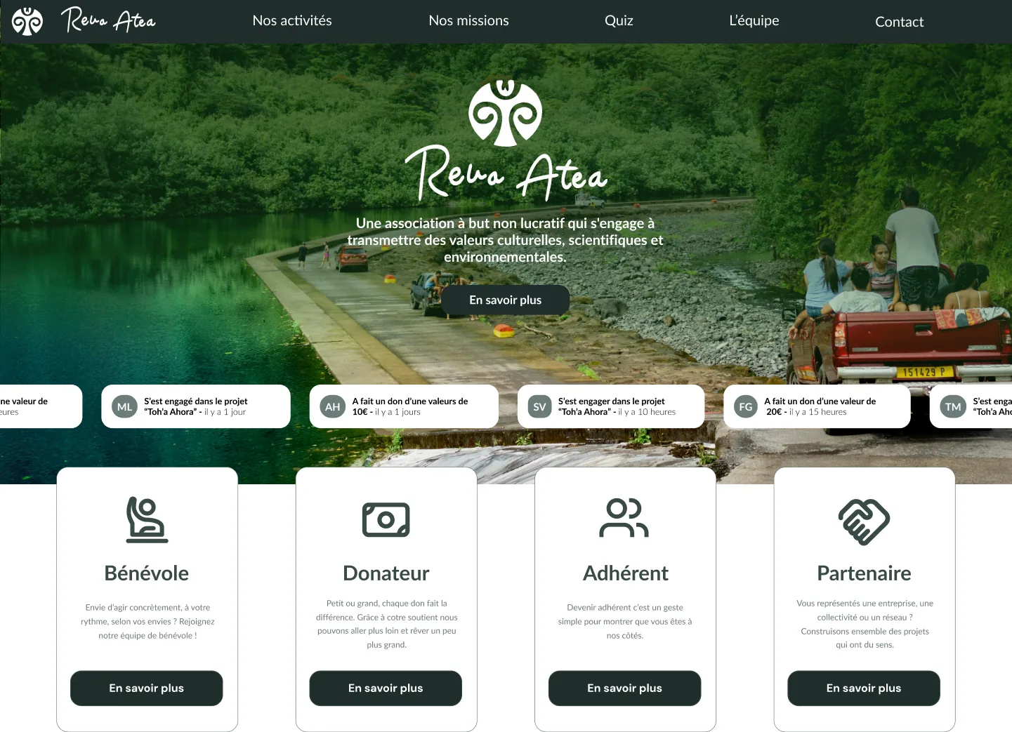 Page d'accueil Reva Atea : mission de l'association et quatre façons de s'engager (bénévole, donateur, adhérent, partenaire)