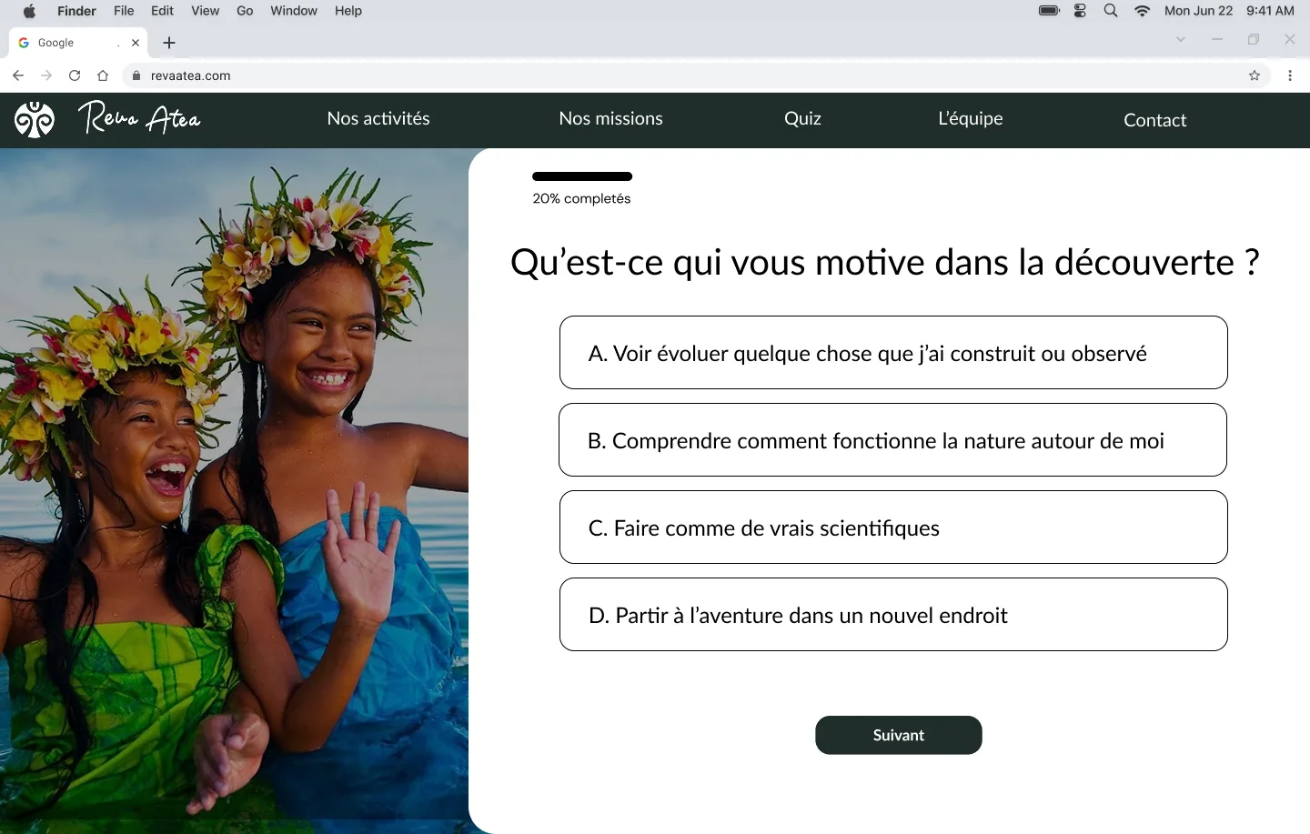 Écran de quiz : « Qu'est-ce qui vous motive dans la découverte ? » avec quatre réponses possibles