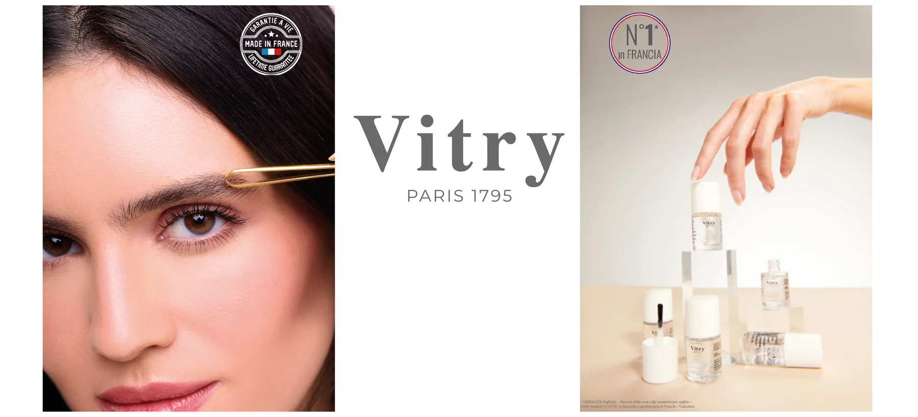 Panneau de salon Vitry Paris 1795 : portrait, logotype et mise en scène de produits de manucure