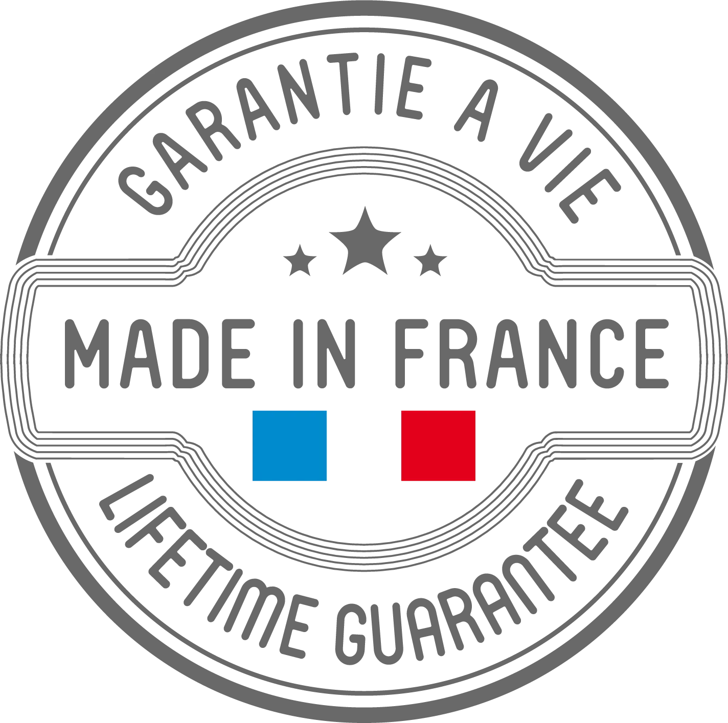 Tampon circulaire « Garantie à vie — Made in France » avec drapeau français